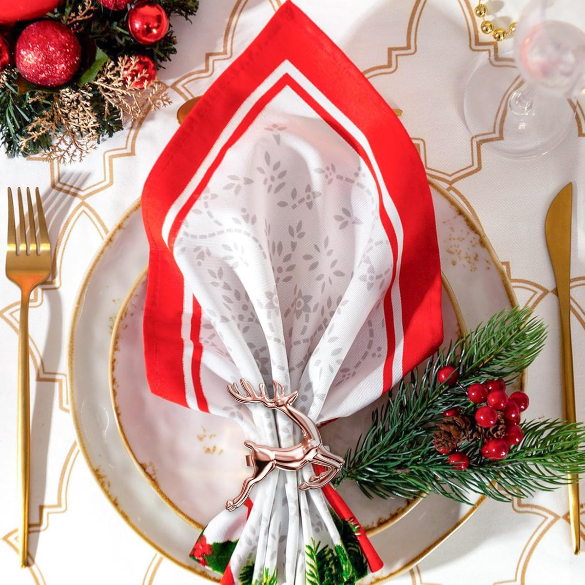 ZeeDix Set of 24 Rose Gold Elk Chic Napkin Rings for Christmas Dinning Table Setting-Wedding