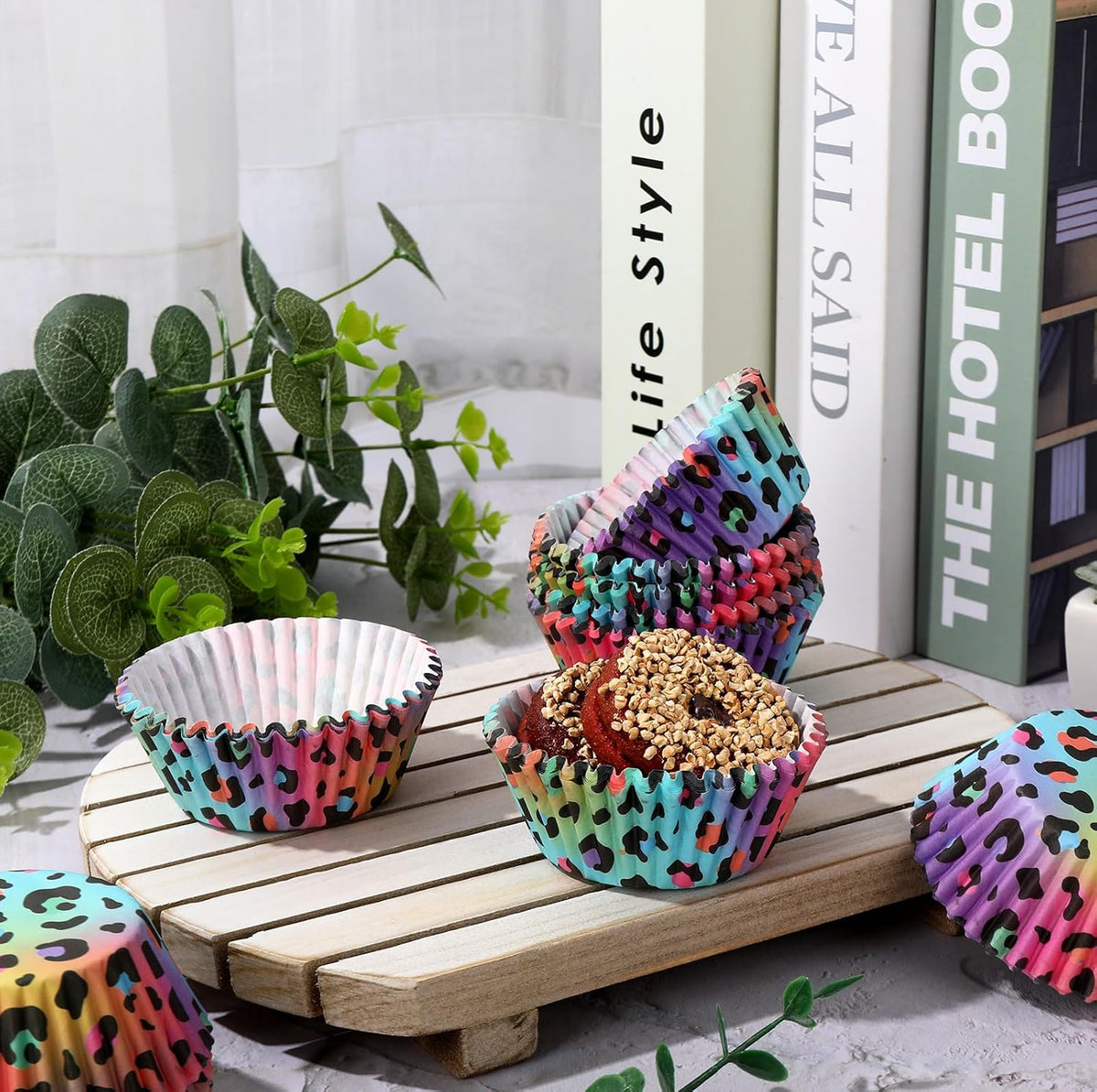 Whaline 300Pcs Leopard Print Cupcake Liner Neon Animal Spot Paper Baking Cup Rainbow Muffin Liner