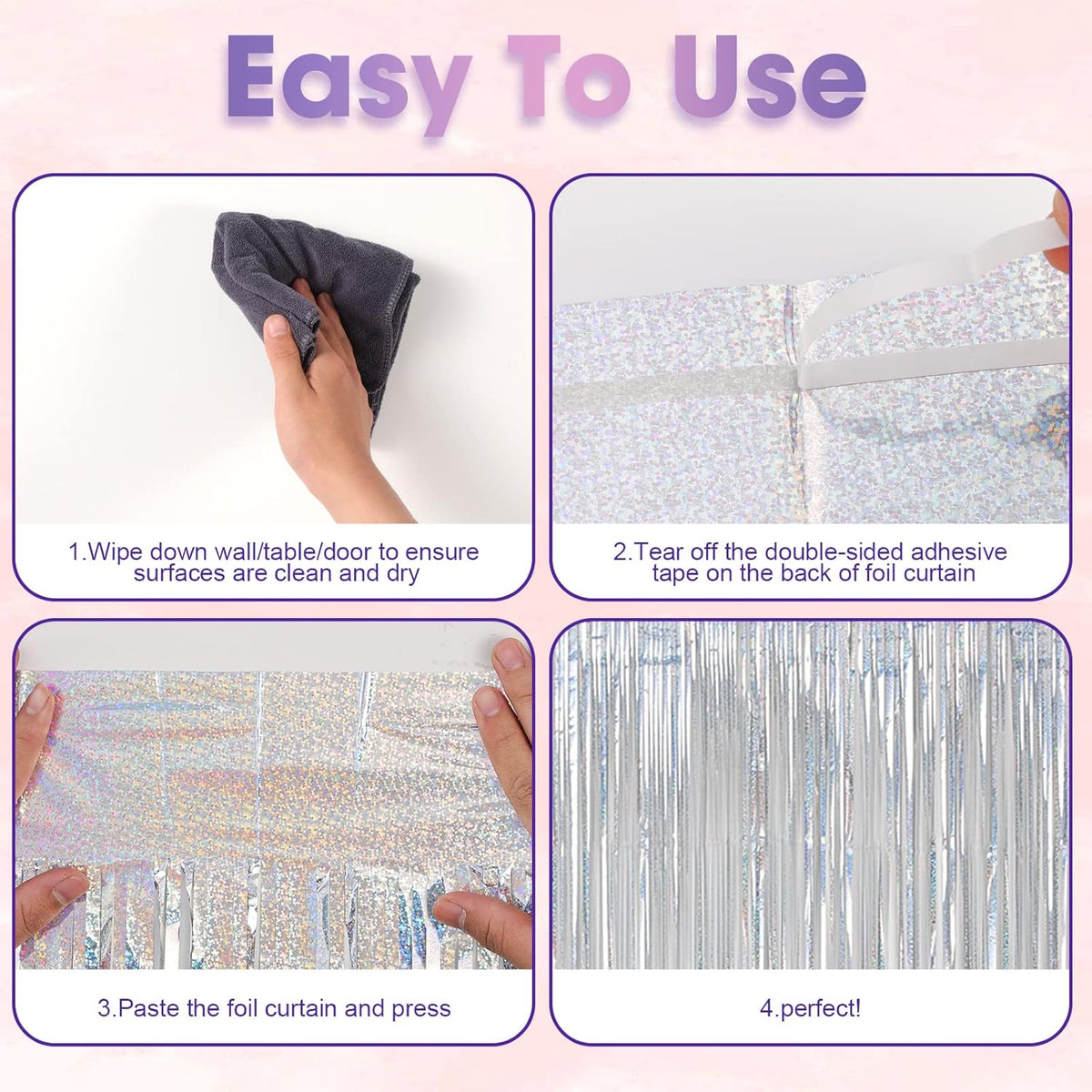 4 Pack Laser Silver Foil Fringe Backdrop Curtains, Tinsel Streamers Birthday Party Decorations