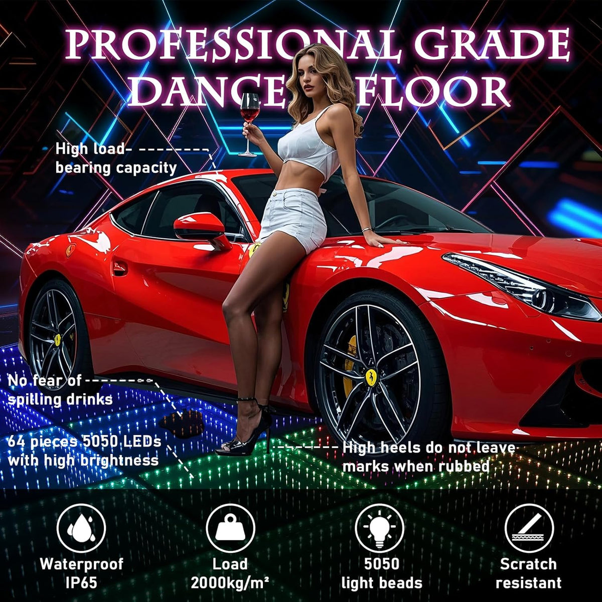 Dance Floor Stage Lights-Tempered Glass with Flight Case - RGB Color Changing Lights for Wedding