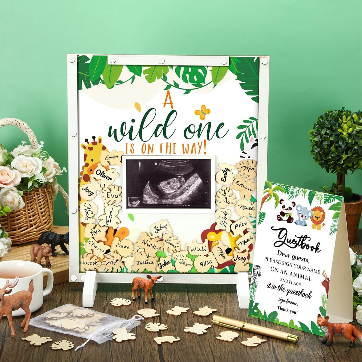 65 Pcs Safari Animal Baby Shower Guest Book Alternatives He or She Gender Reveal Baby Shower