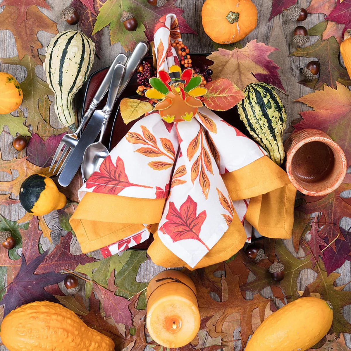 Halatool Thanksgiving Turkey Napkin Rings Set of 12, Alloy Fall Napkin Rings Dinner Tables Holders