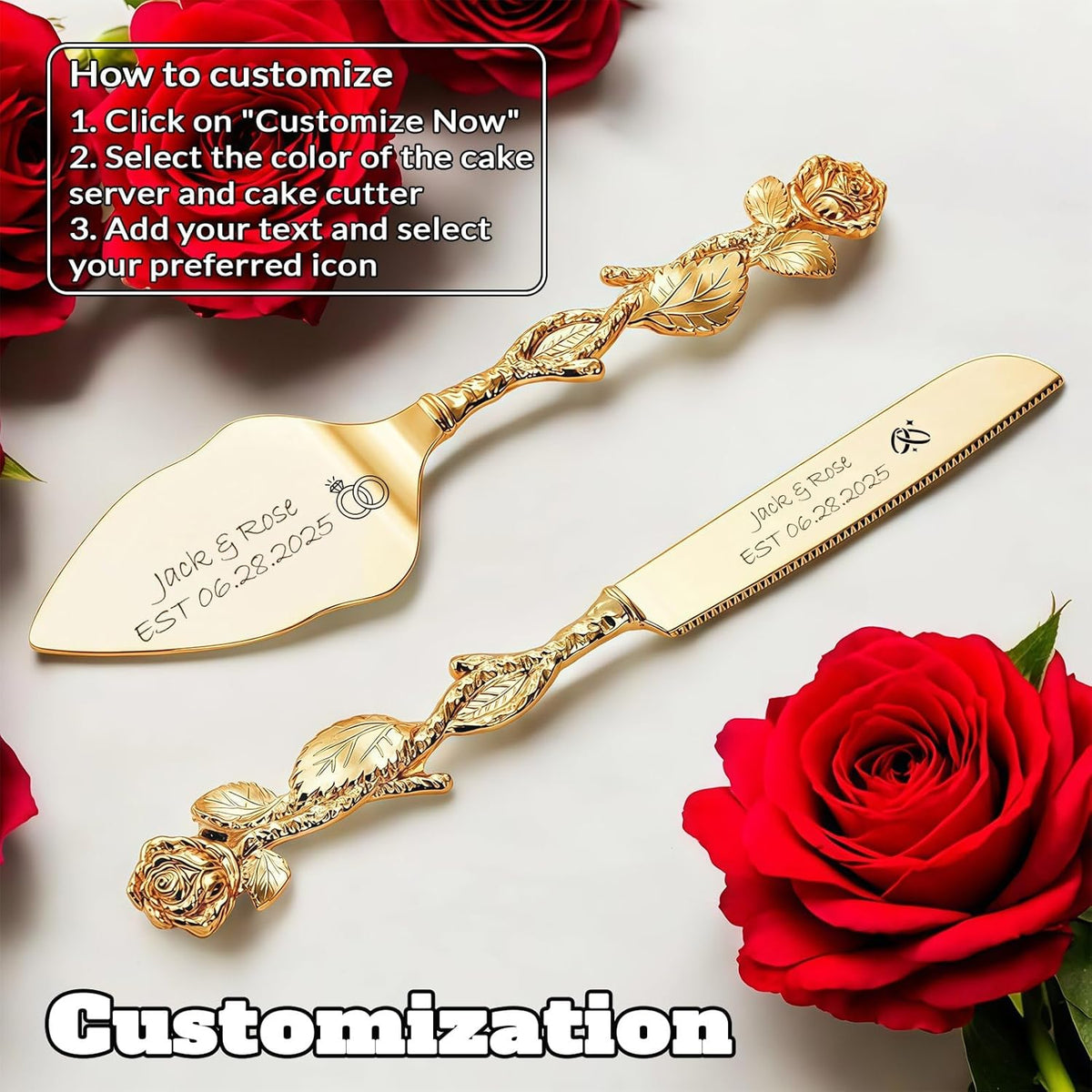 Personalized Wedding Cake Knife and Server Set, Custom Name/Date Cake Cutting Set for Wedding