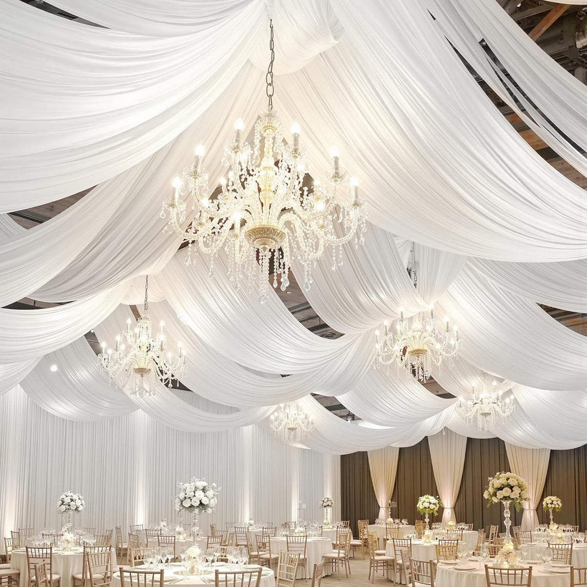 PartyVillage 10 Panels 5ftx30ft White Ceiling Drapes for Wedding Parties – 30 FT Extra Long Thick