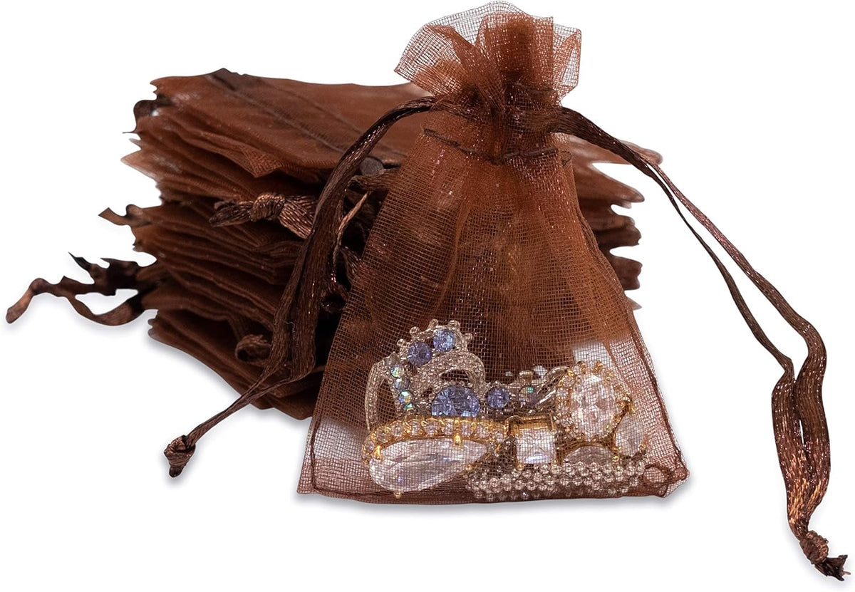 TheDisplayGuys 48-Pack 2" x 2-3/4" Brown Sheer Organza Gift Bags with Drawstring, Goodie Bags for