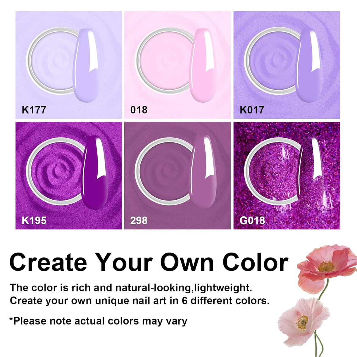 Dip Powder Nail Set, 6 Colors Purple Series 12 Pcs Dipping Powder Kit With Base & Top
