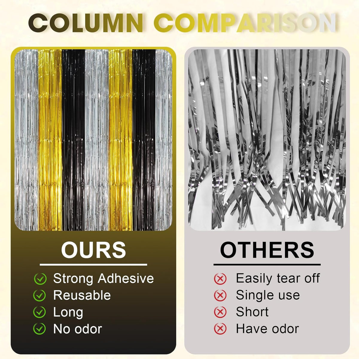 2 Pack Black Gold Silver Foil Fringe Backdrop Curtains, Tinsel Streamers Party Decorations, Fringe