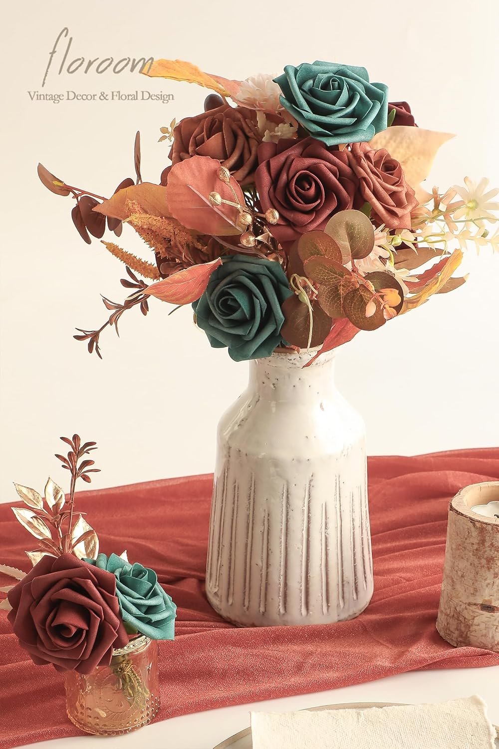 Floroom Artificial Flowers 25pcs Real Looking Teal Green Terracotta Ombre Colors Foam Fake Roses