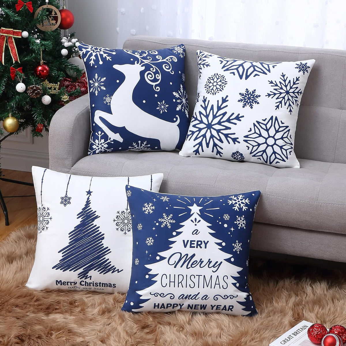NANAN Christmas Pillow Covers 18X18 Inch Set of 4 Navy Blue Christmas Pillow Cases Snowflake Merry