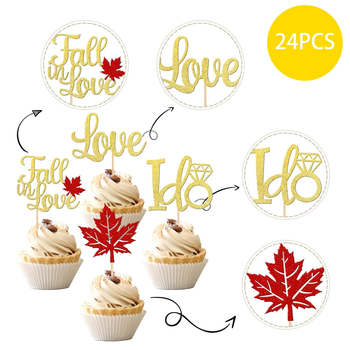 24 PCS Fall in Love Cupcake Toppers Glitter Maple Leaves Love I Do Cupcake Picks Fall Theme Wedding