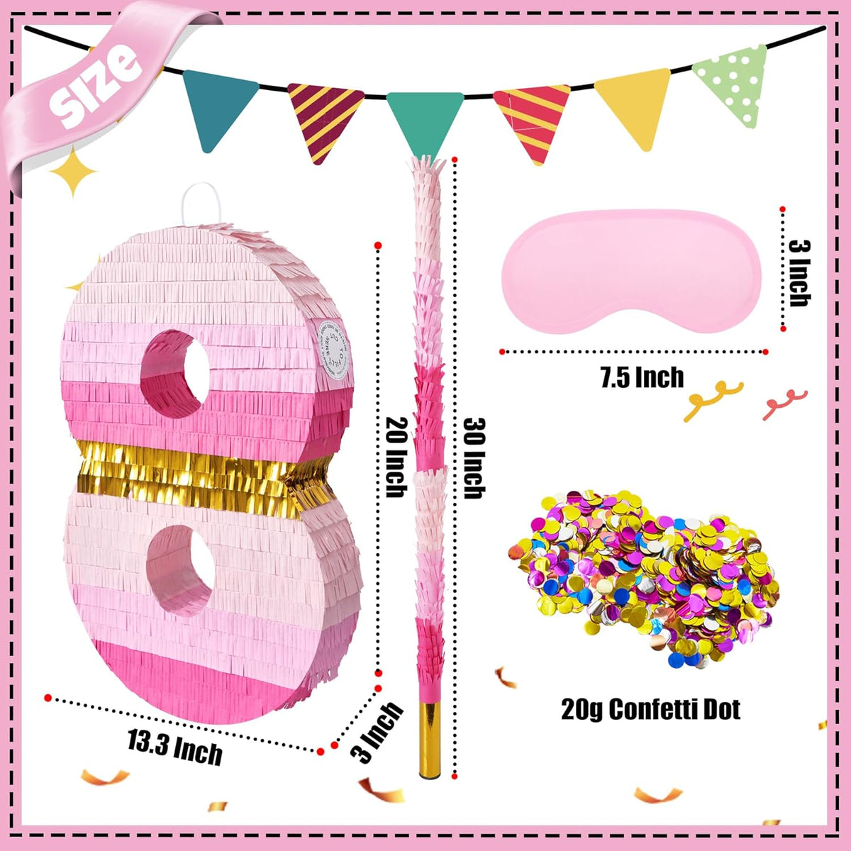 PCFING 20 Inch Number 8 Piñata Pink Gold with 30 Inch Piñata Stick Blindfold Confetti for Boys