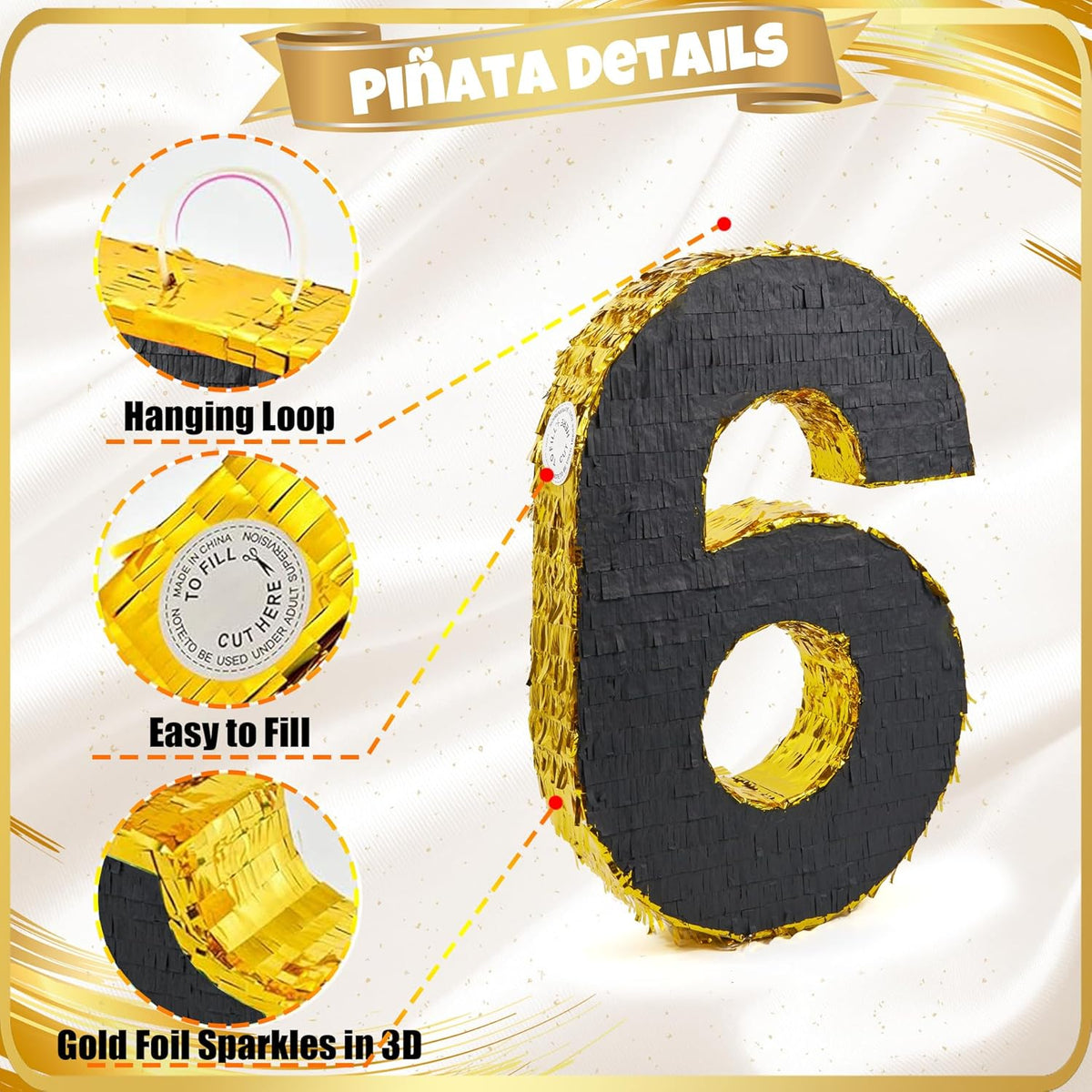 PCFING 20 Inch Number 6 Piñata Gold Black with 30 Inch Piñata Stick Blindfold Confetti for Man