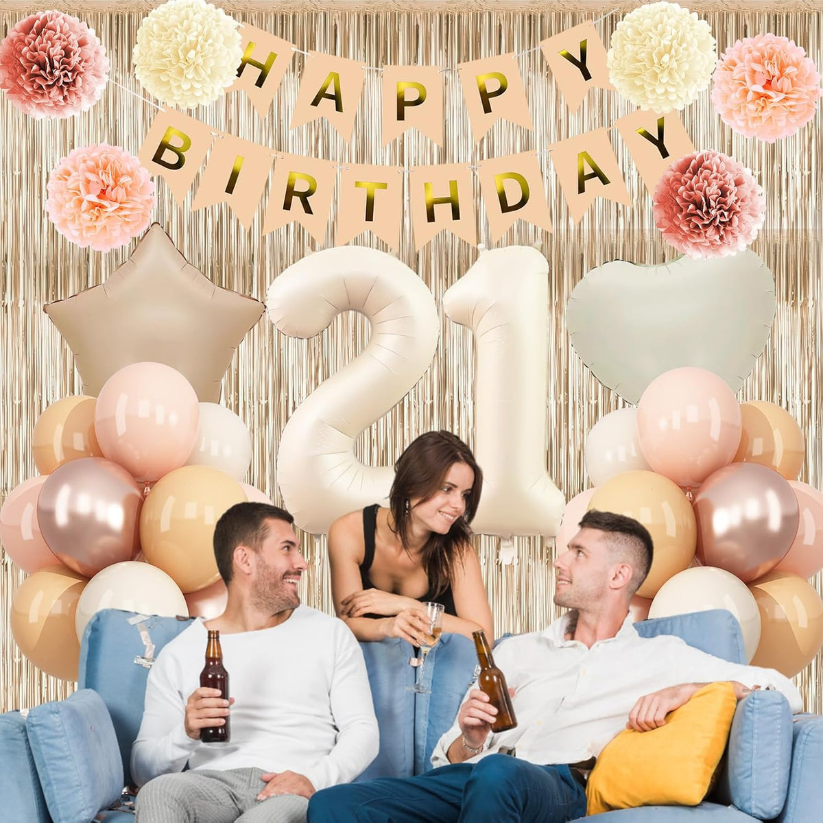 Beige 21st Birthday Decorations for Her Cream Number 21 Balloon Nude Gold Happy Birthday Banner
