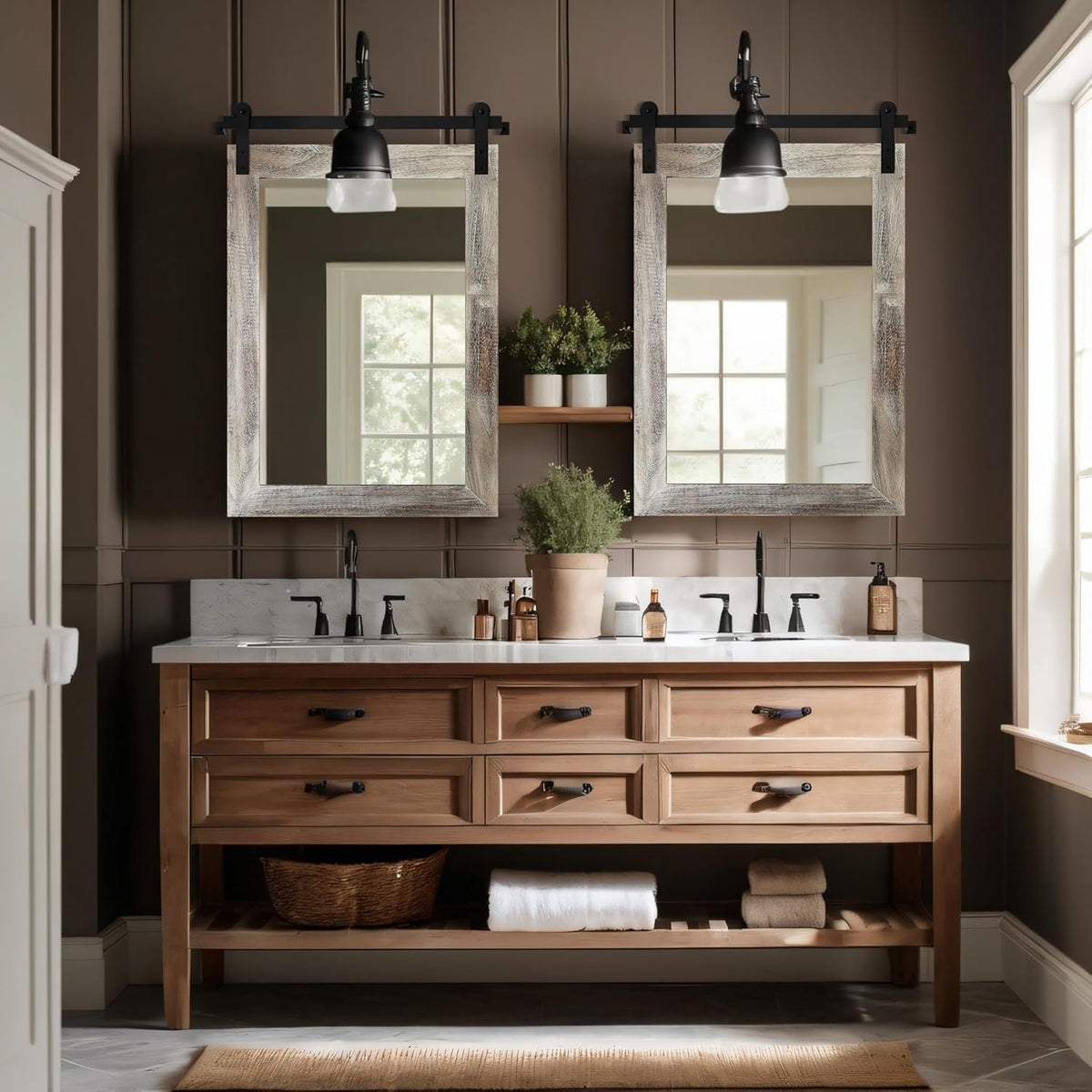 COGOOD Farmhouse Barn Door Mirror - 21 x 30 Rustic Wood Framed Wall Mirror for Bathroom, Living