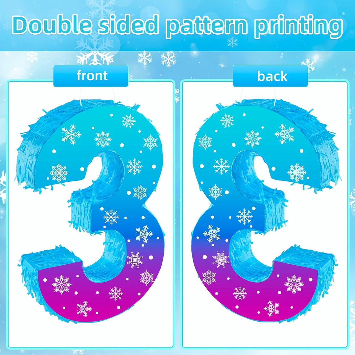 Snowflake Birthday Decorations, Winter Ice Snowflake Number 3 Pinata with Stick Blindfold and