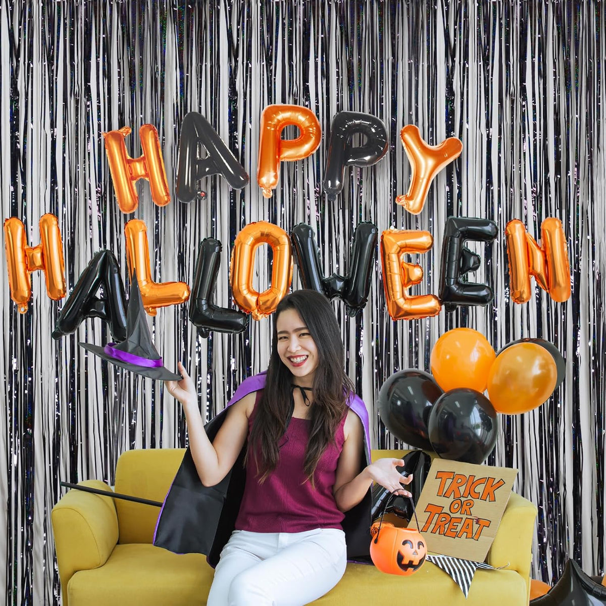 Foil Fringe Curtains Halloween Decor Party Decorations - Melsan 3 Pack 3.2 x 8.2 ft Tinsel Curtain
