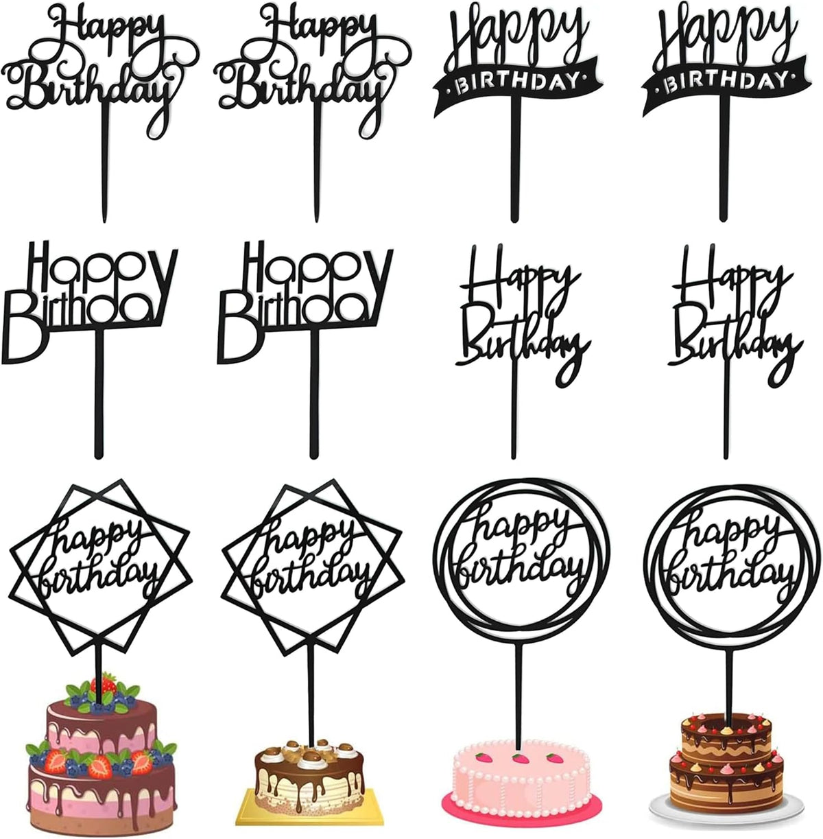 12 Pack Multi Styles Birthday Cake Topper Set, Acrylic Cake Bunting Decor Birthday Cake Picks Party