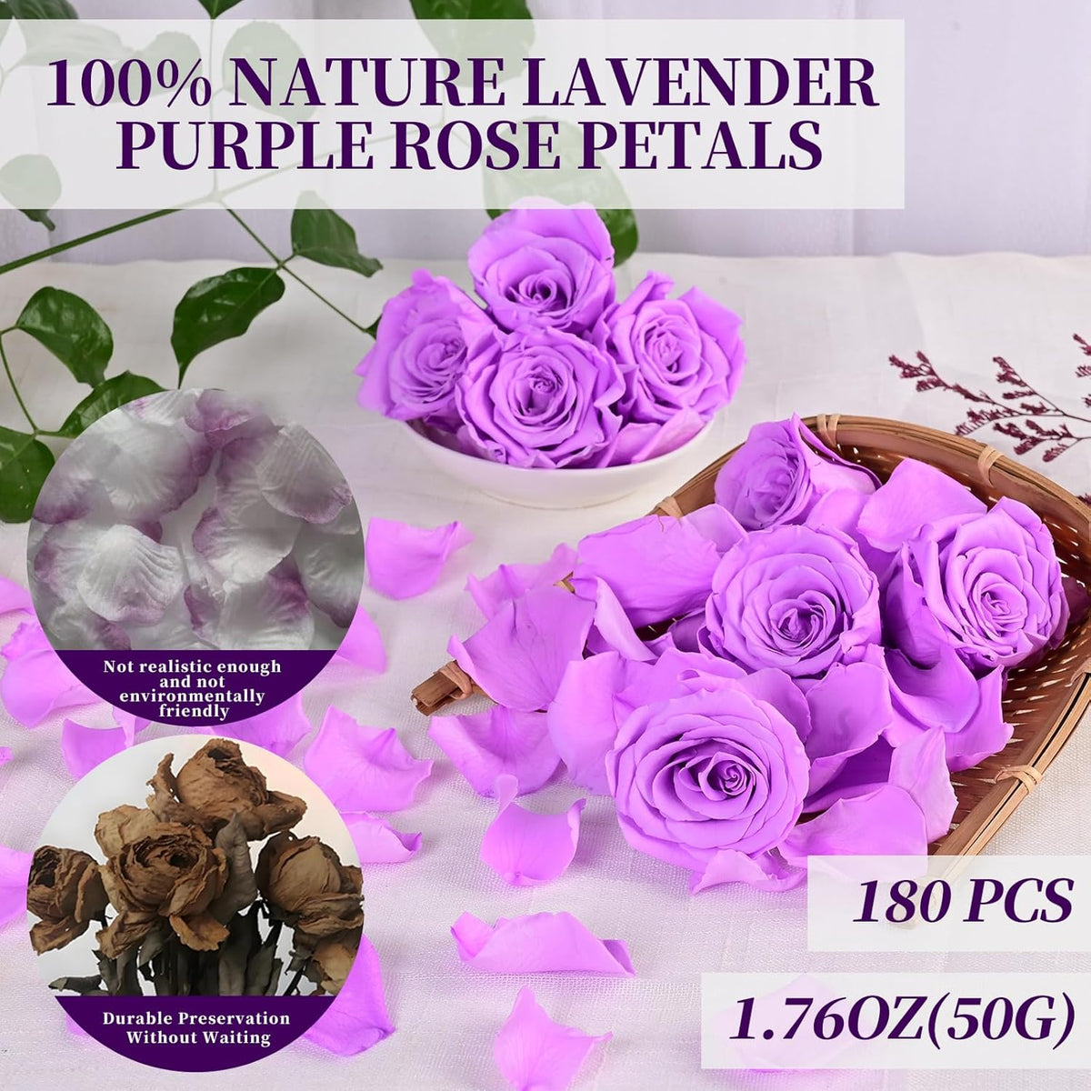 180 PCS Real Purple Rose Petals for Wedding, 1.76oz Dried Flower Petal for Flower Girl to Throw