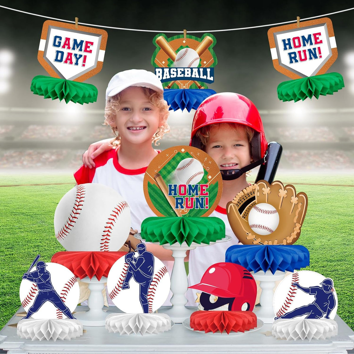 Baseball Party Supplies:Baseball-Themed Honeycomb Centerpiece for Baseball Birthday & Gameday