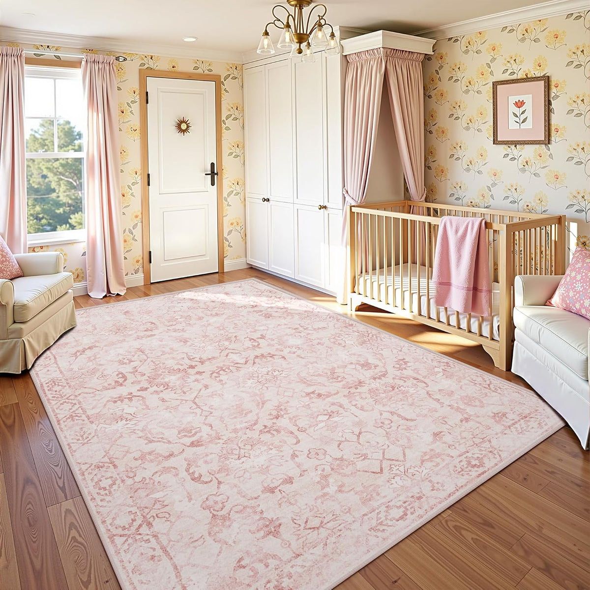 Pink Area Rugs 6x9 for Living Room, Washable Vintage Rugs for Bedroom, Distressed Throw Rug, Non