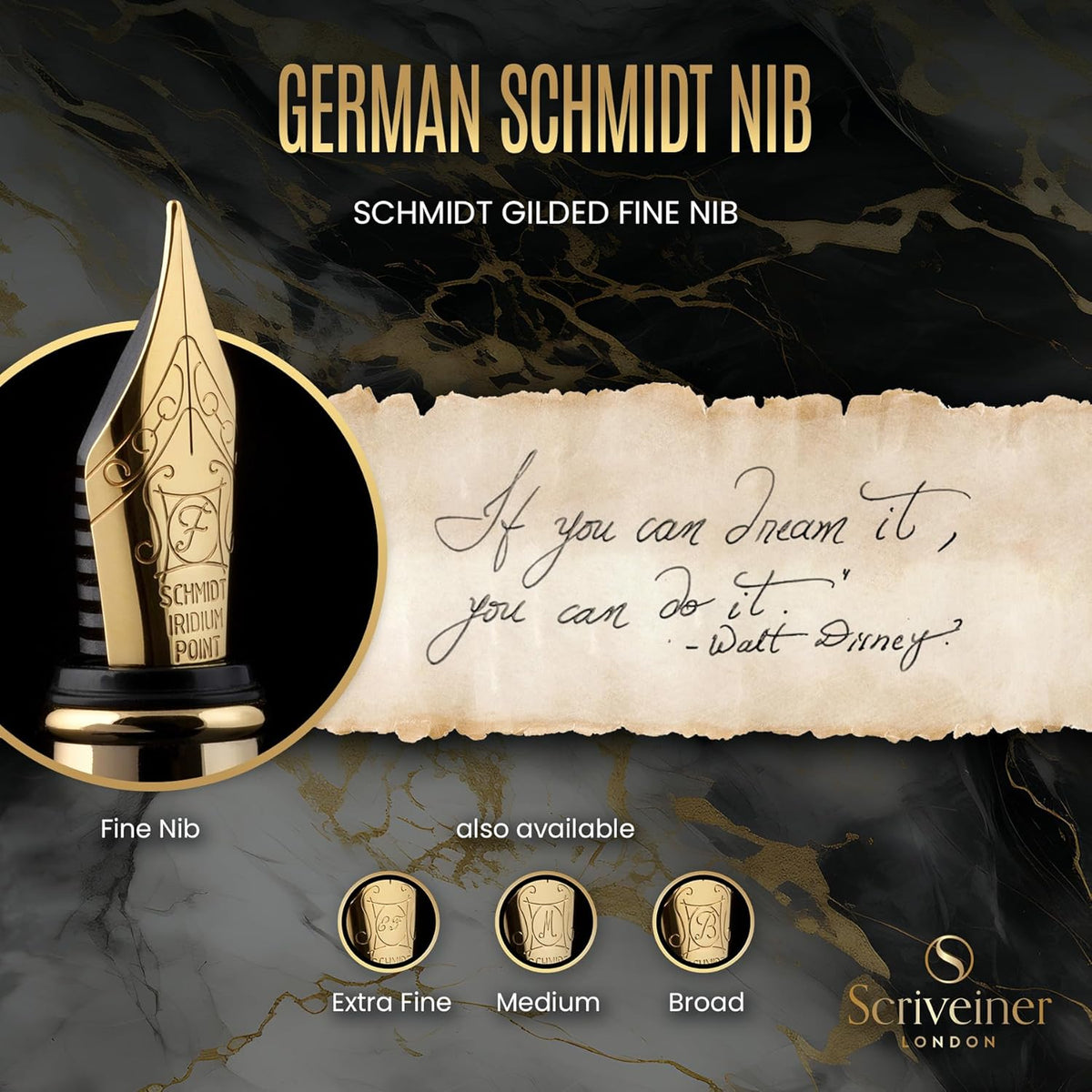 Scriveiner Black Lacquer Fountain Pen - Stunning Luxury Pen, Real Gold Plating, Schmidt Gilded Nib