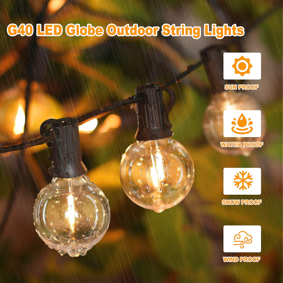 100ft 2-Pack Outdoor String Lights, G40 LED Globe Waterproof Patio Lights