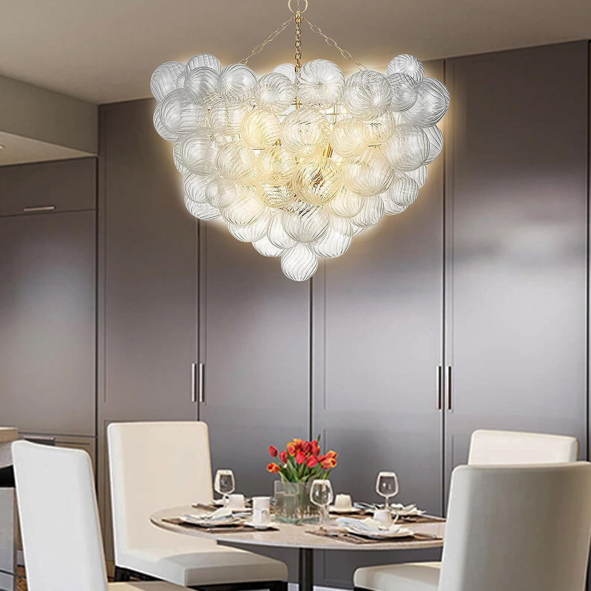 Nordic Bubble Ball Swirled Glass Chandelier, Dia 36 inch Gild Gold and Clear Blown Glass Large