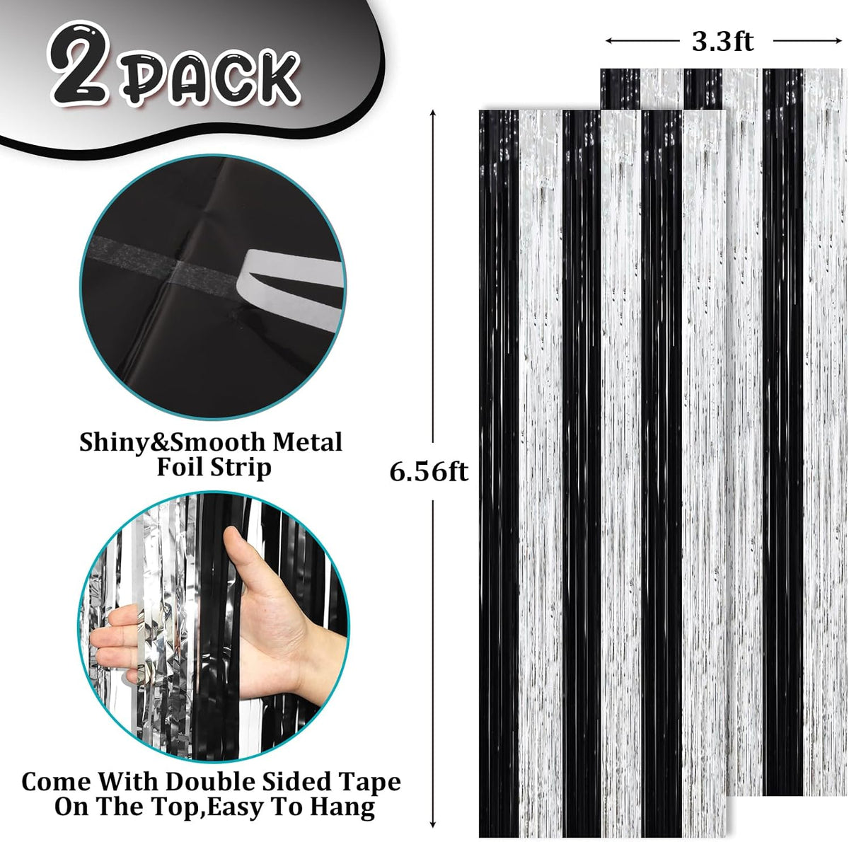2 Pack Black and Silver Tinsel Foil Fringe Curtains, Black White Party Decorations, Metallic Tinsel