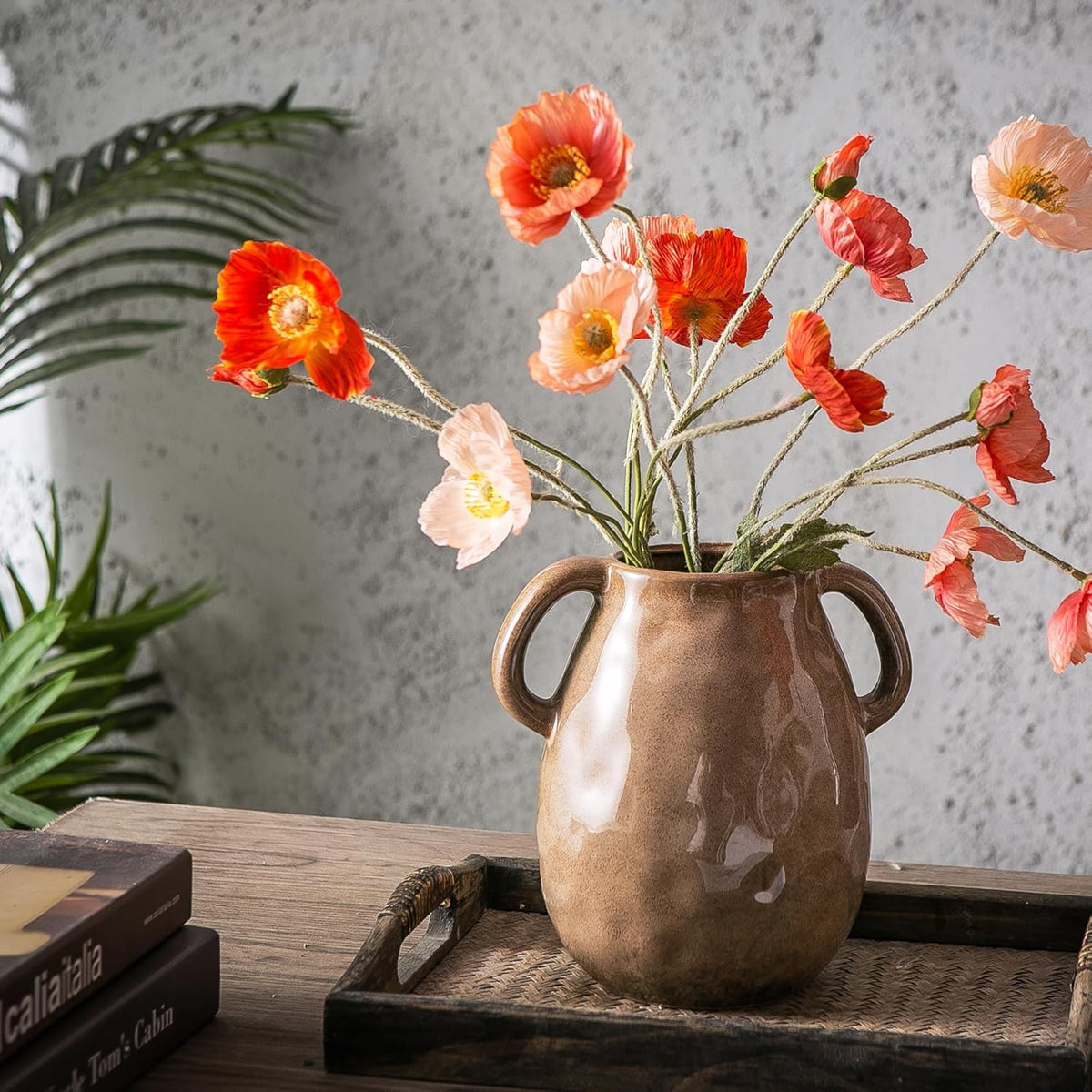Kimdio Brown Ceramic Vase with 2 Handles, Modern Farmhouse Vase for Home Decor, Vintage Rustic