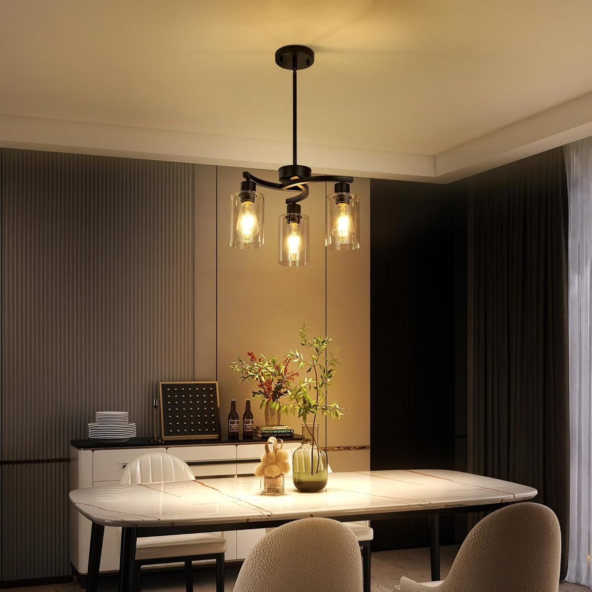 3-Light Modern Farmhouse Black Pendant Lights Kitchen Island, Adjustable Height Contemporary