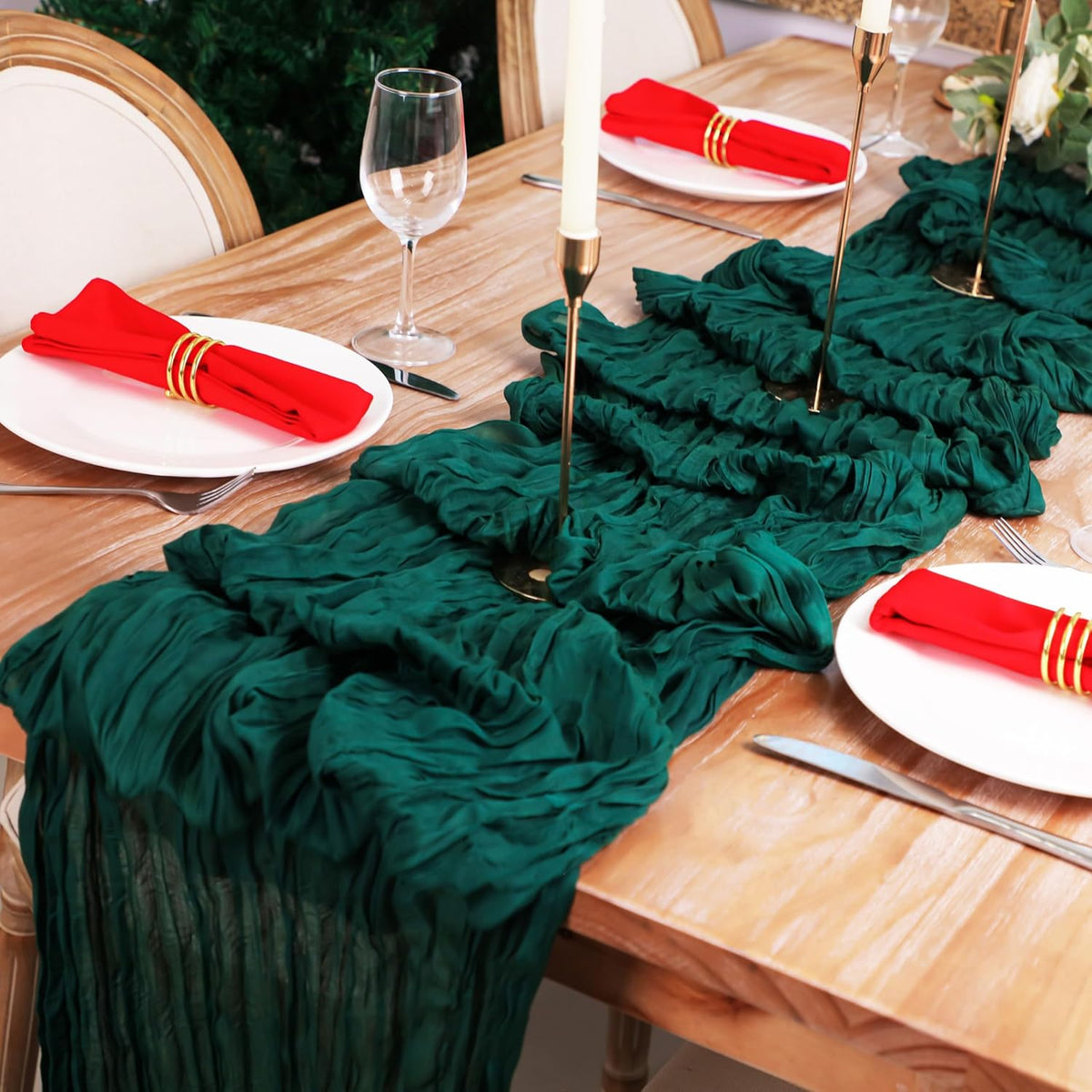Snowkingdom Emerald Green Table Runner 120 Inch 10 Ft Rustic Boho Dark Green Cheese Cloth Runner