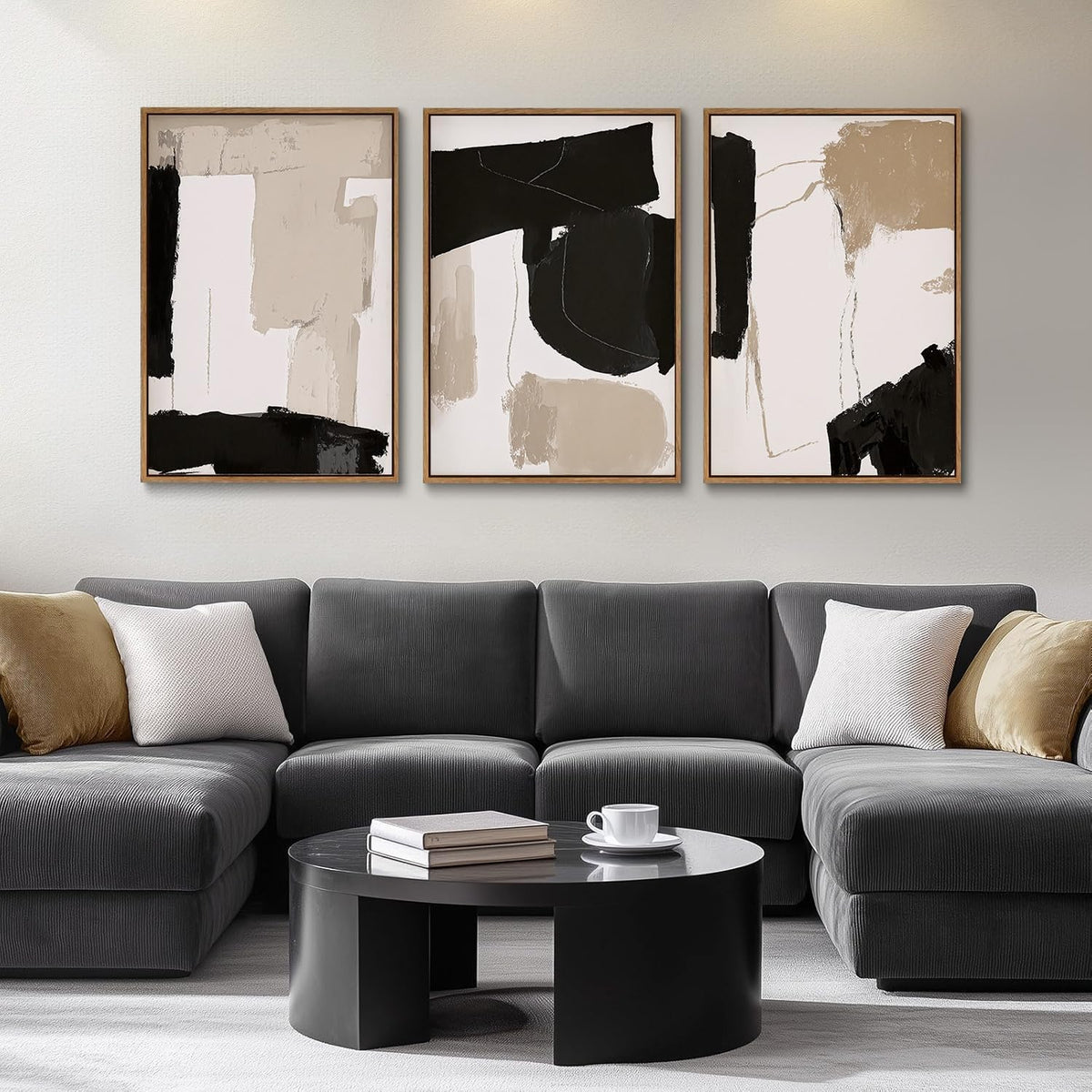 myusuar 3 Piece Large Modern Abstract Canvas Framed Wall Art For Living Room, Black And Beige