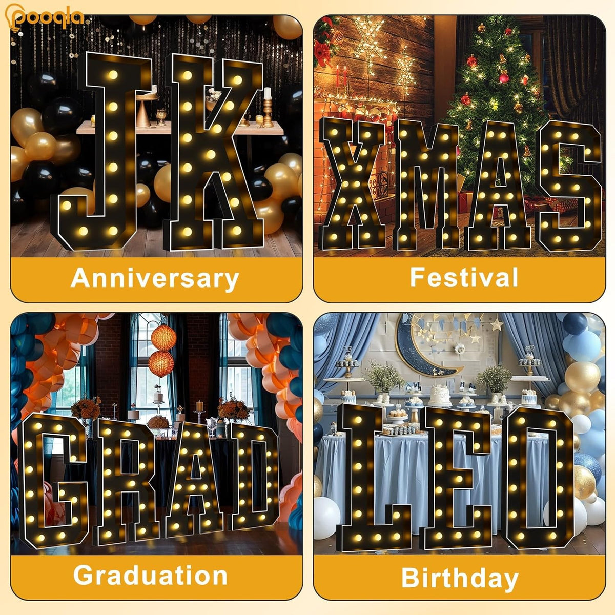 Pooqla 4 FT Marquee Light Up Letters, Black Marquee Letter Lights 4 Feet Tall, Giant Mosaic Sign