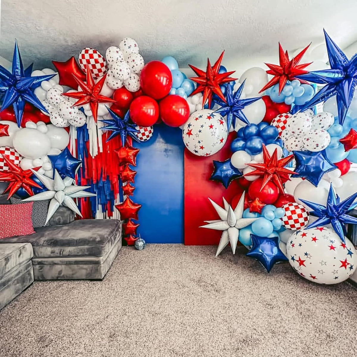 Red Star Balloons 12pcs, 27/22 Inch Foil Star Explosion Balloons, Large Spike Mylar Cone Balloon