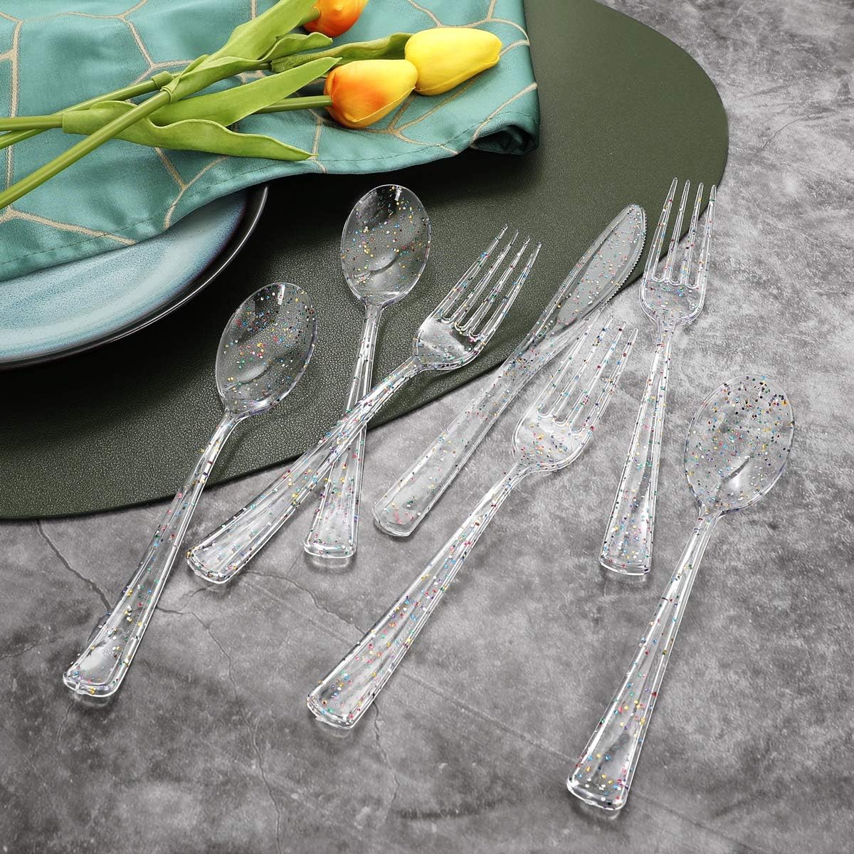 Supernal 360pcs Clear Plastic Silverware, Glitter Disposable Cutlery with Colorful Design,120
