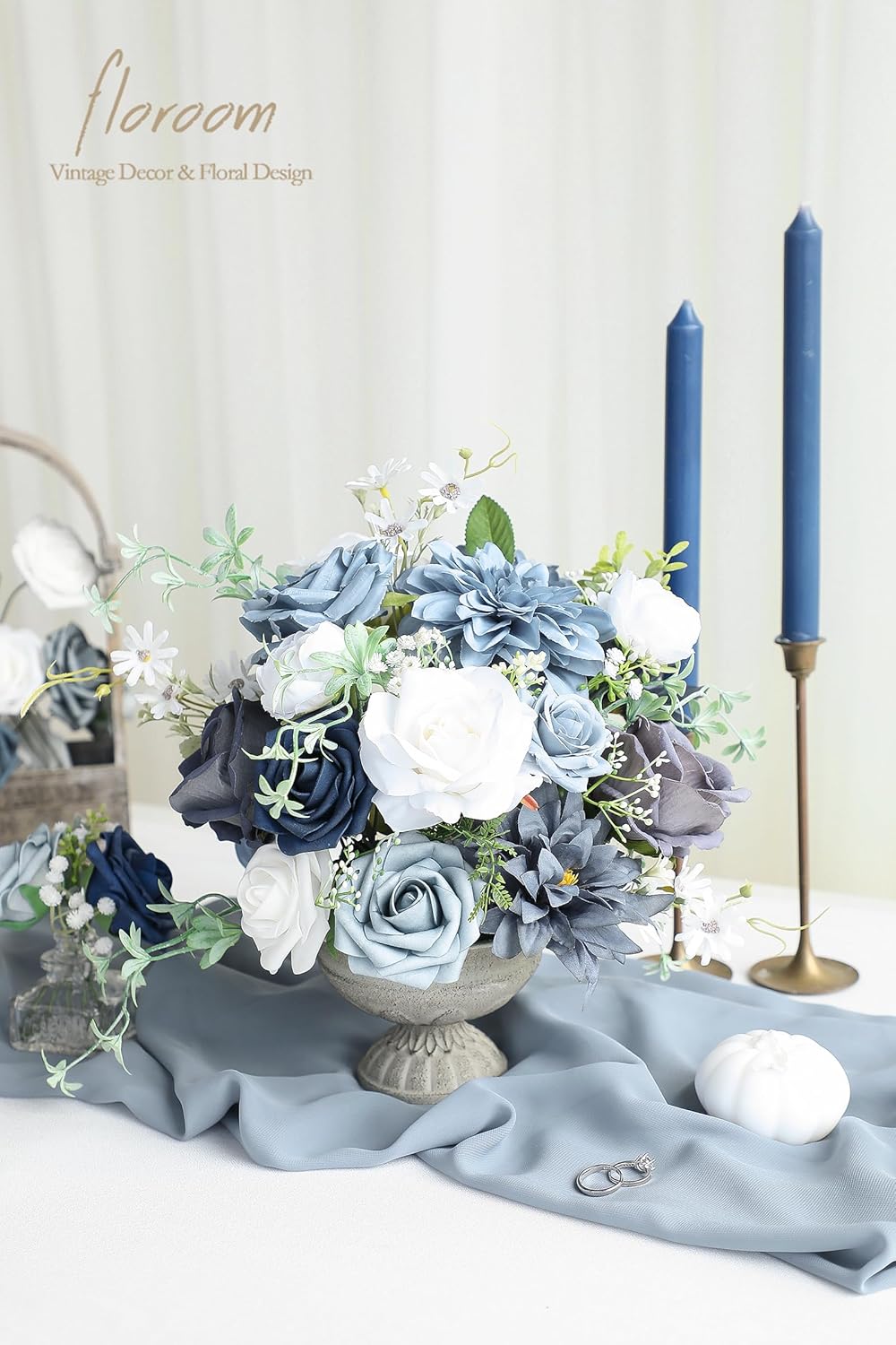 Floroom Dusty Blue Navy Artificial Flowers Fake Roses Peonies Dahlias and Greenery Combo Box Set