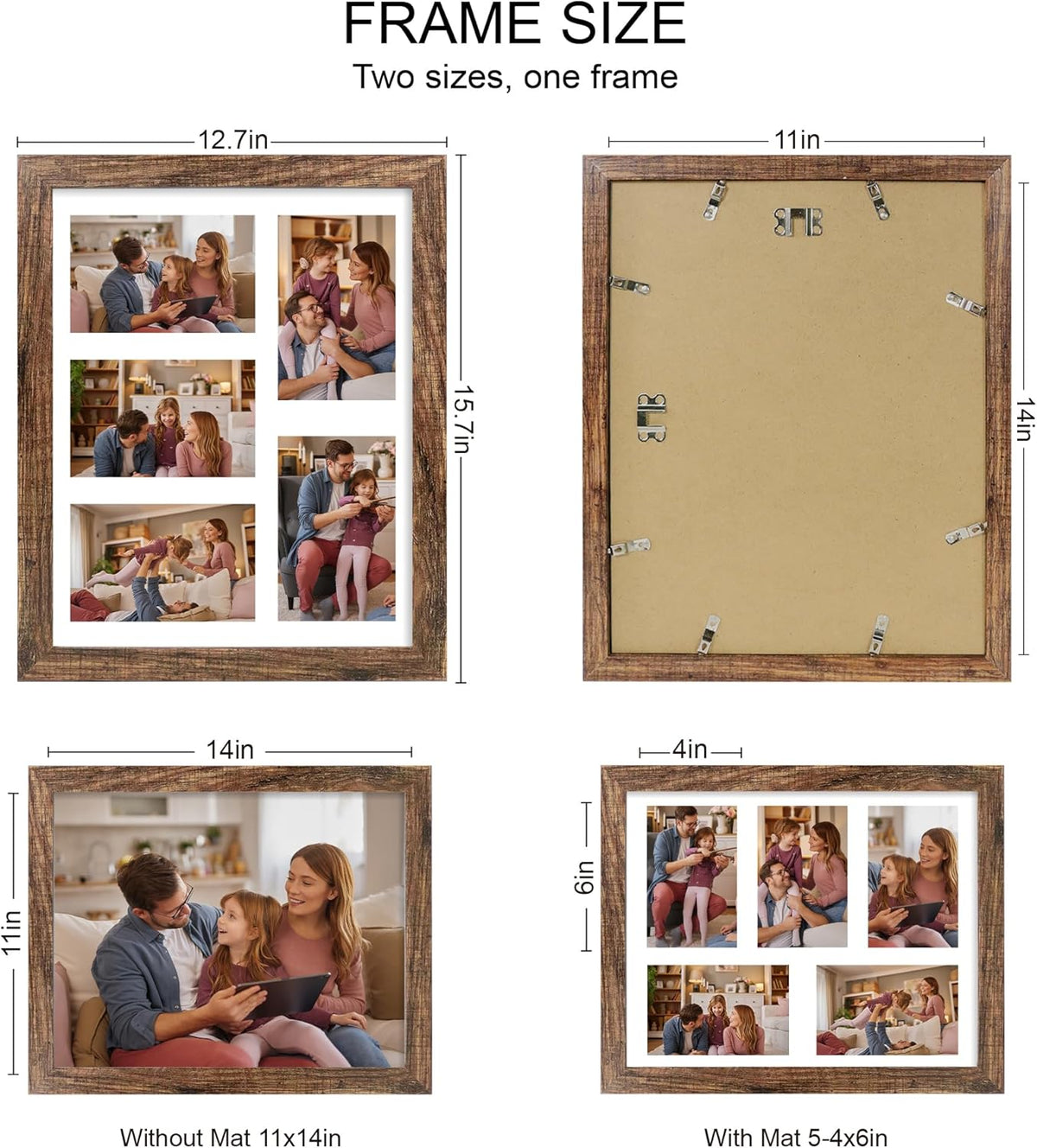 11x14 Picture Frame Set of 2, Rustic Brown Wood Frame with Real Glass Collage Picture Frames