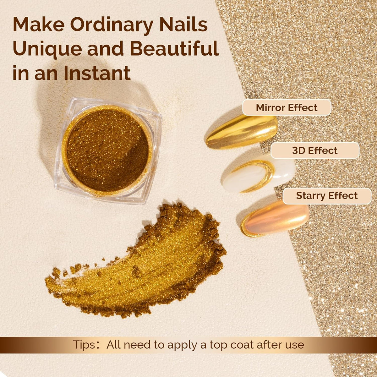 MelodySusie Gold Chrome Nail Powder for Gel Nails,Metallic Mirror Effect Pigment Stylish and