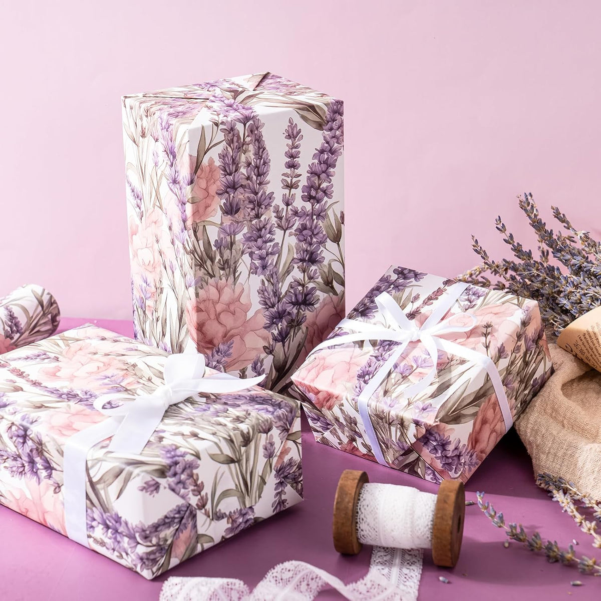 WRAPAHOLIC Kraft Floral Wrapping Paper - Mini Roll - 17 Inch x 16.5 Feet - Purple Lavender Flower