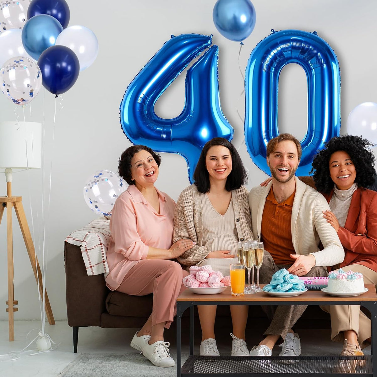 Large Foil Number 40 Balloons, Big Light Navy Blue 40 Helium Balloon with Metallic Silver Confetti