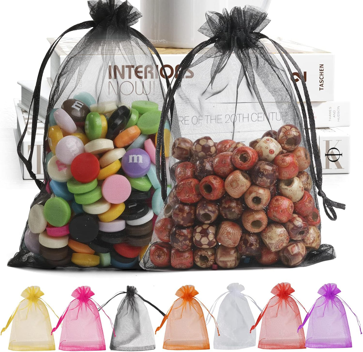 ANZNKU 100 Pack Premium Organza Bags, Black Drawstring Wedding Favor, 4x6 Inches Small Mesh for