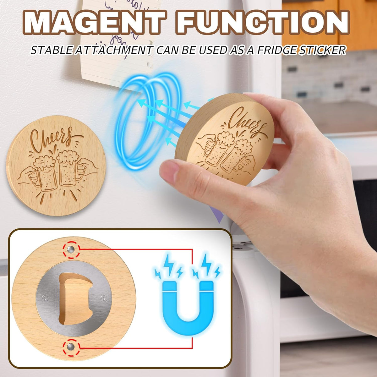 8 Custom Magnetic Bottle Opener Refrigerator, Personalized Engraved Wood Beer Openers, Wooden Round