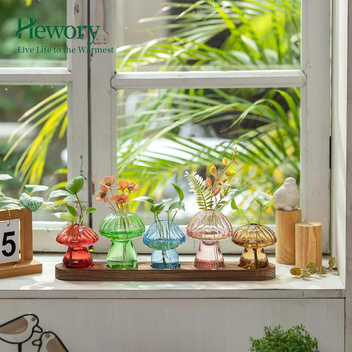 Glass Propagation Station for Plant: Mushroom Planter with Wooden Stand for Home Office Decor