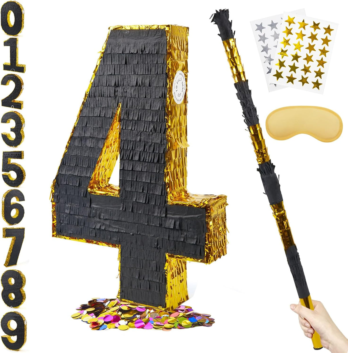 PCFING 20 Inch Number 4 Piñata Gold Black with 30 Inch Piñata Stick Blindfold Confetti for Man