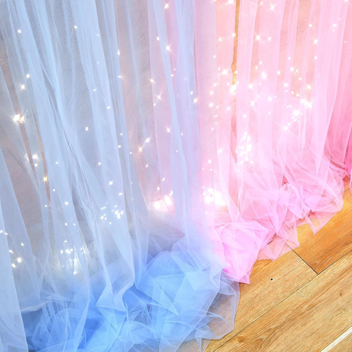 Pink and Blue Backdrop Curtains with Lights String for Baby Shower Sheer Tulle Backdrop Curtain for