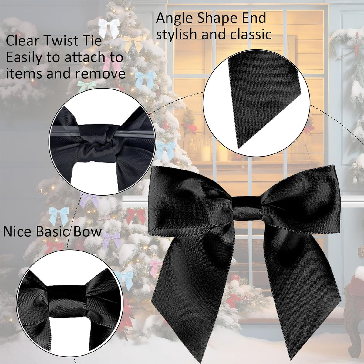 114 Pack Twist Tie Bows for Treat Bags 3" Black Satin Ribbon Bows for Package Craft, Gift Wrapping