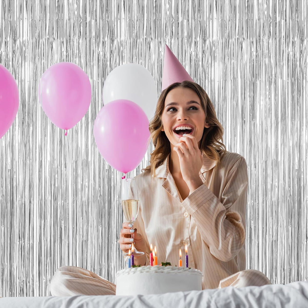 8 Pack Silver Backdrop, 3.28 FT x 7.05 FT Birthday Backdrop, Metallic Silver Tinsel Curtain Disco