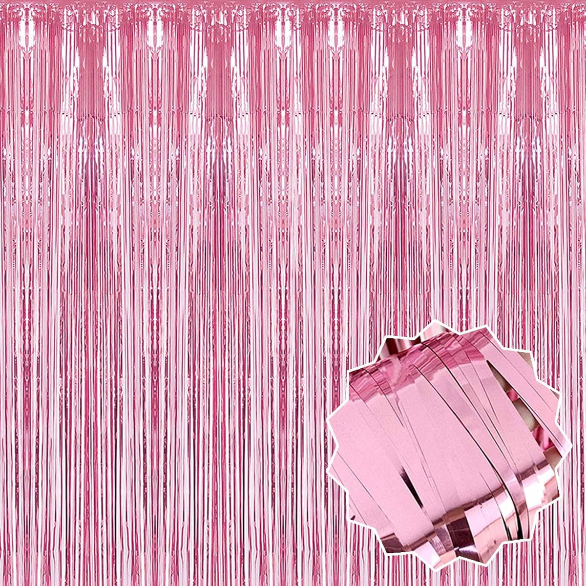 6 Pack Pink Foil Fringe Curtains Backdrop, 3.28 x 8.2 Ft Metallic Streamers Tinsel Curtains