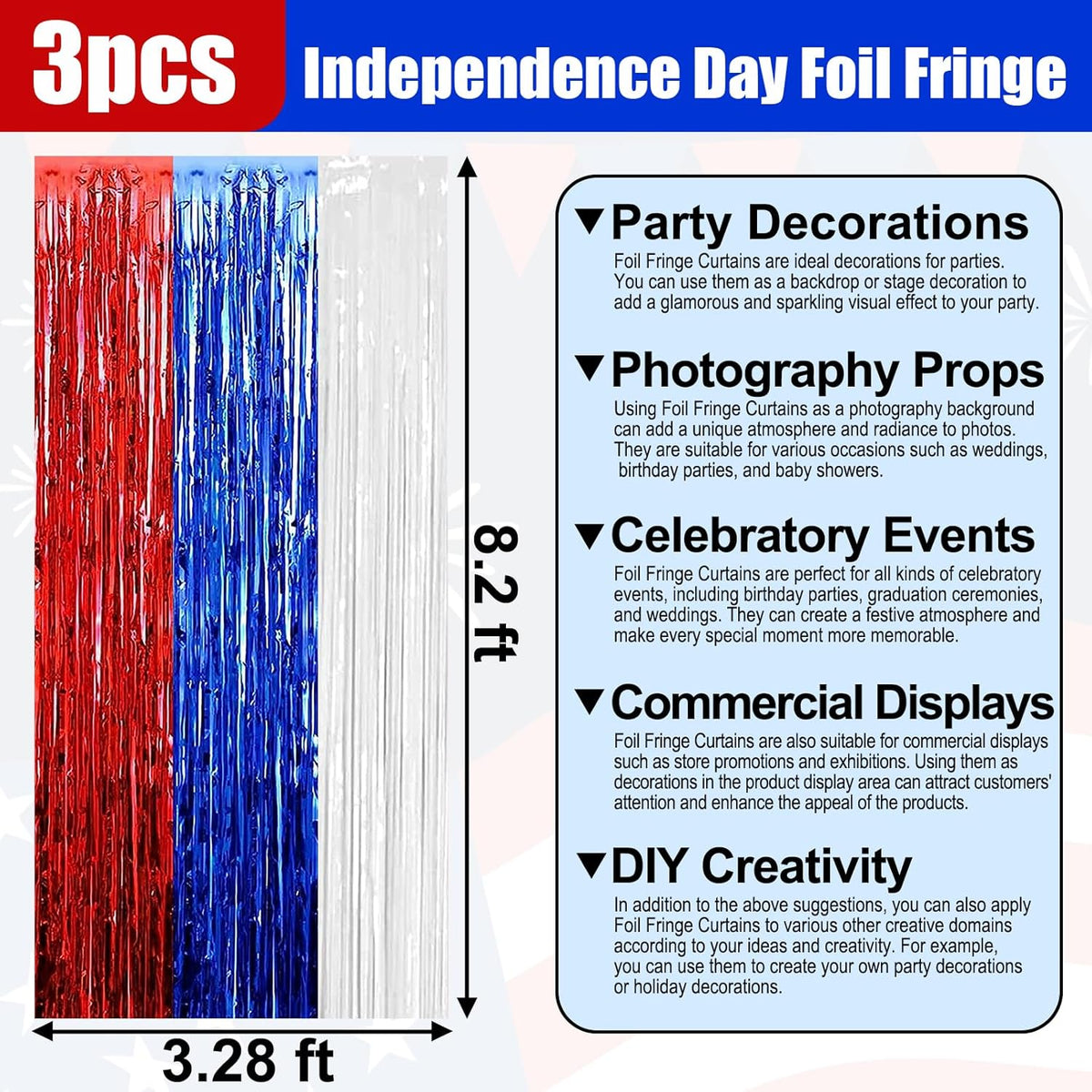 3 Pack White Blue Red Foil Fringe Curtain Backdrop, 3.28Ft x 8.2Ft Metallic Tinsel Foil Fringe