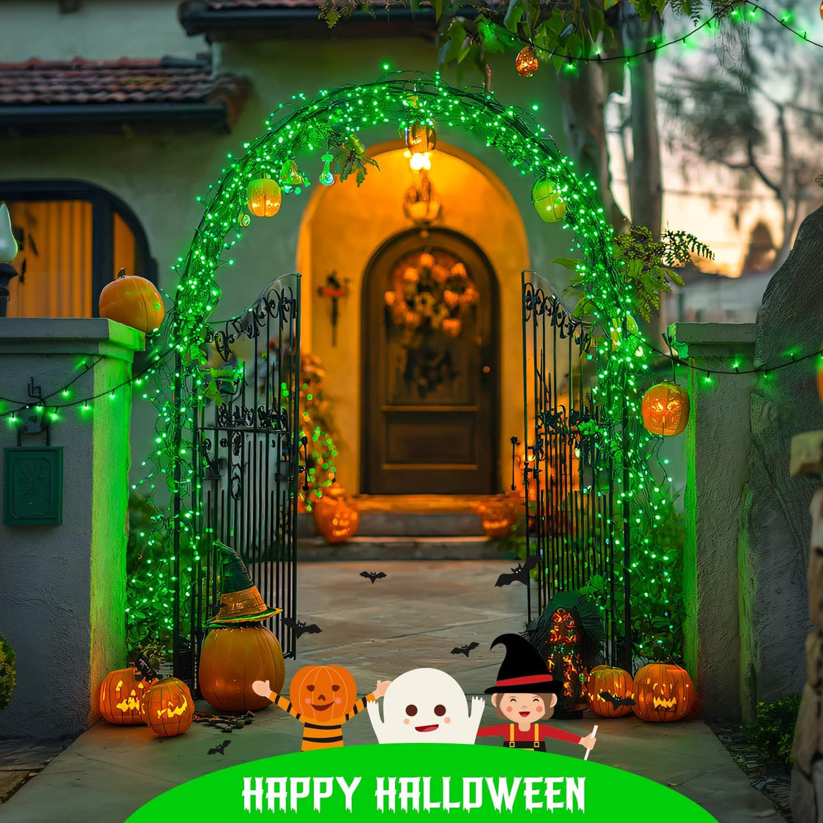 JMEXSUSS 2 Pack Green Solar Lights for Halloween, Each 100 LED 33 FT Green Christmas Lights Outdoor